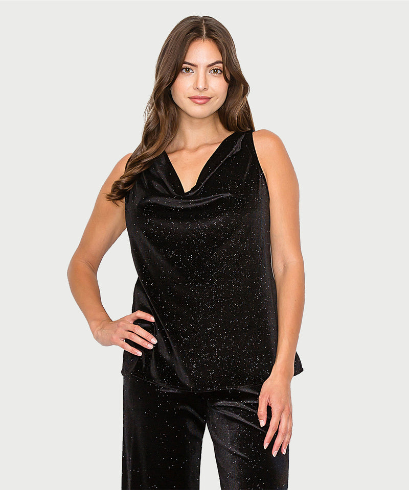Glitter Cowl Neck Tank - Black