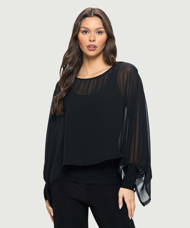 Long Sleeve Overlay Chiffon Top - Black