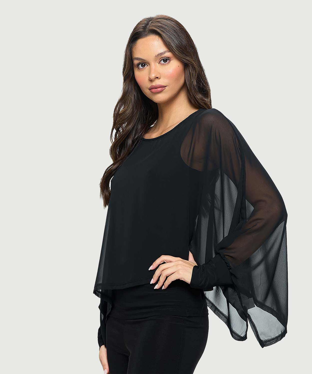 シャツ+ブラウス(半袖+袖なし) BORDERS at BALCONY - BORDERS at BALCONY SATIN PEPLUM TOP 36 Long Sleeve Overlay Chiffon Top - Black – The Coral Sash