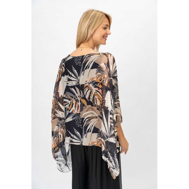 Palm Leaf Silky Top - Black/Taupe