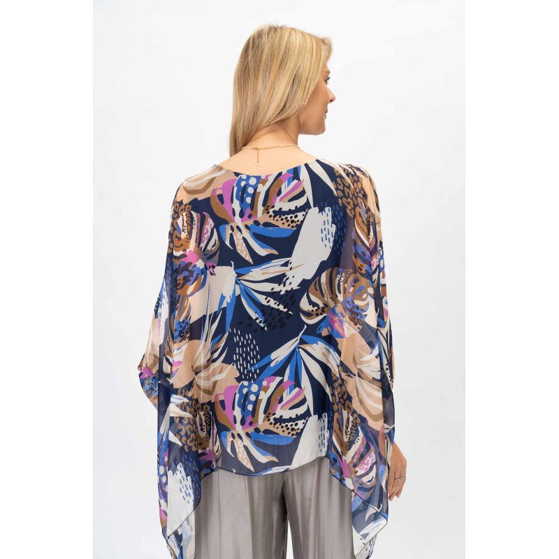 Palm Leaf Silky Top - Navy/Beige