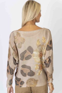 Dolman Sleeve "Spotted Floral" Knit Top - Brown