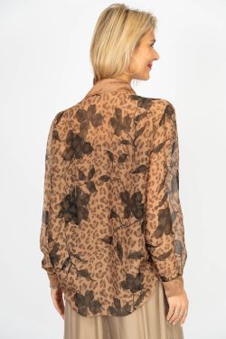 Leopard Print Button-Down Silk Top - Camel