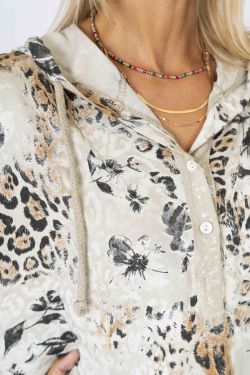 Cheetah Floral Sequin Hoodie Top - Beige