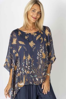 Silky Sleeve Kaftan Top - Navy