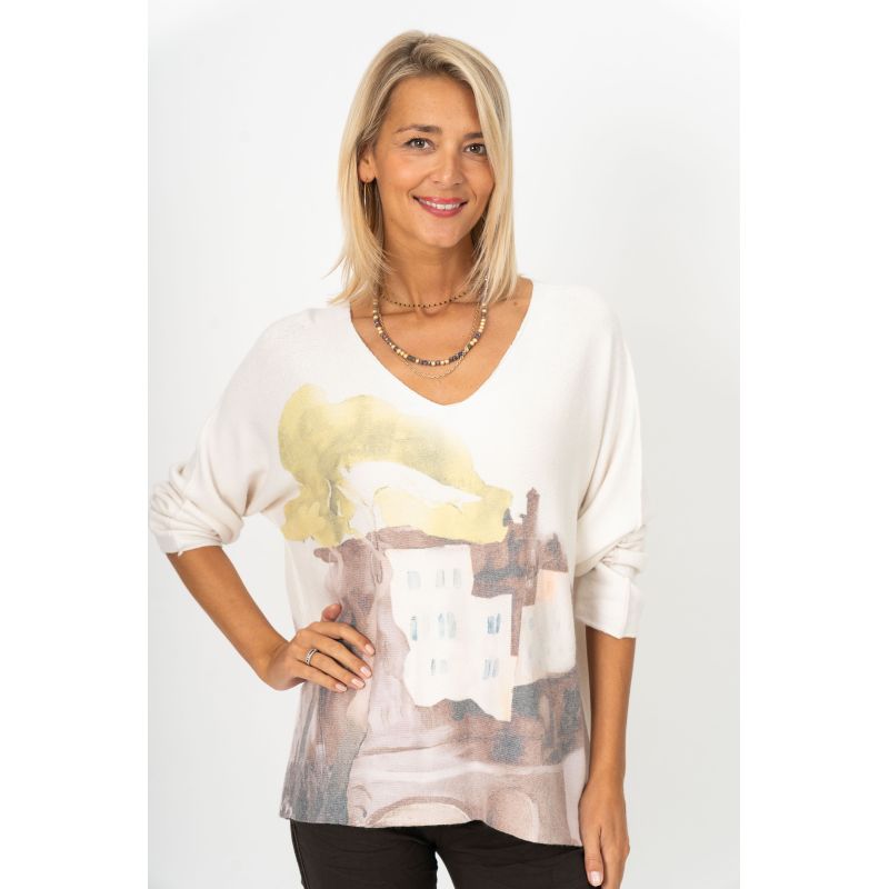 V-Neckline Landscape Knit Top - Off White