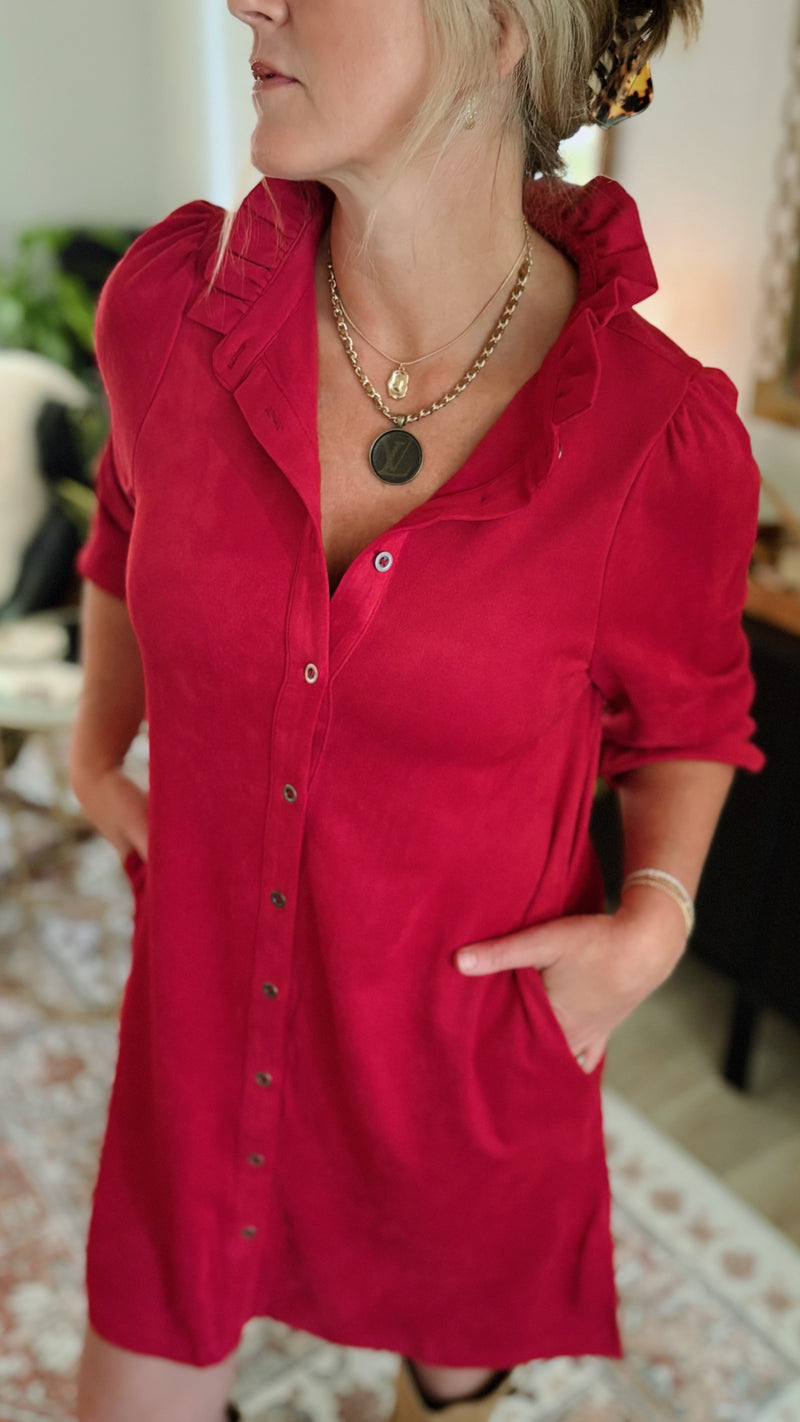 Ruffle Collar Button-Down Suede Dress - Red