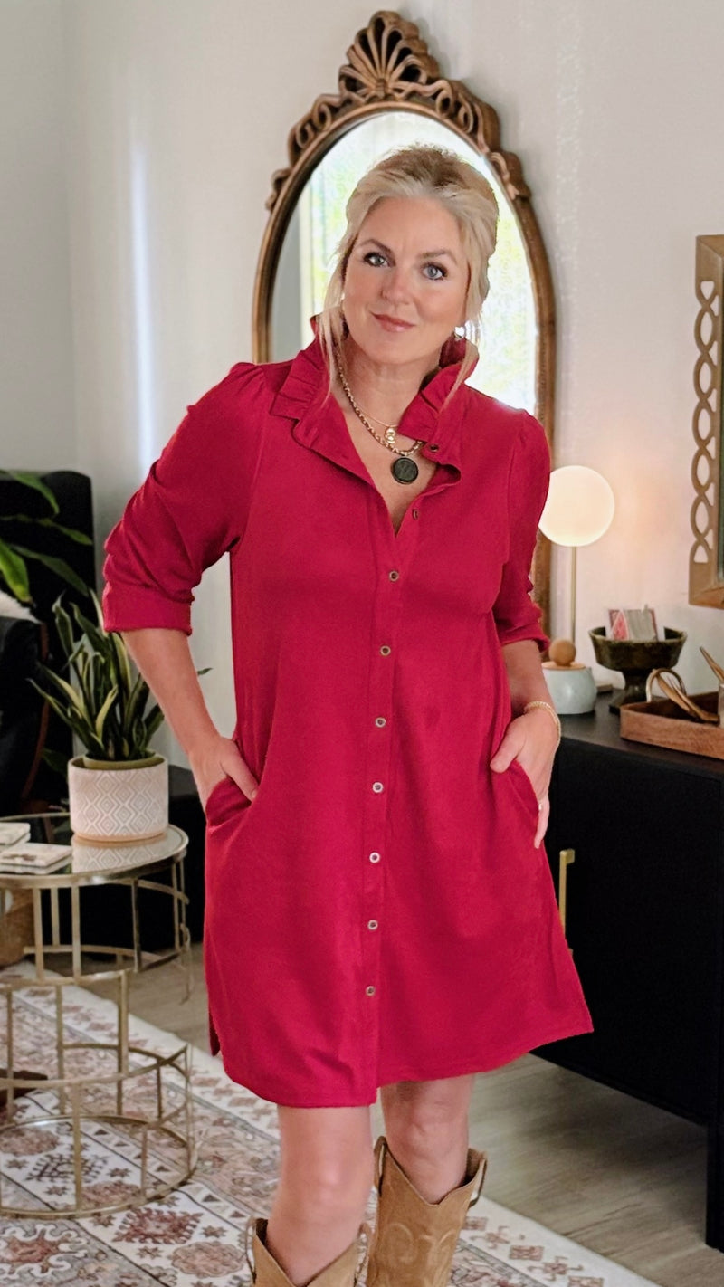 Ruffle Collar Button-Down Suede Dress - Red