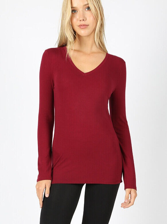 V-Neck Long Sleeve T-Shirt - Rust