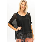 Sequin Hem Silk Top - Black