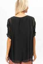 Sequin Hem Silk Top - Black