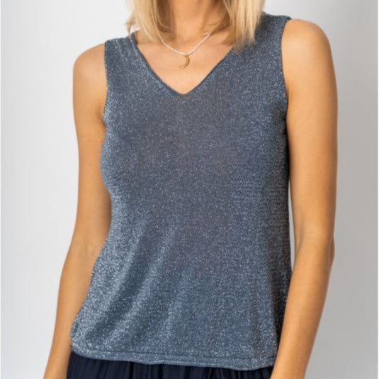 Shimmer Double V-Neckline Tank Top - Denim