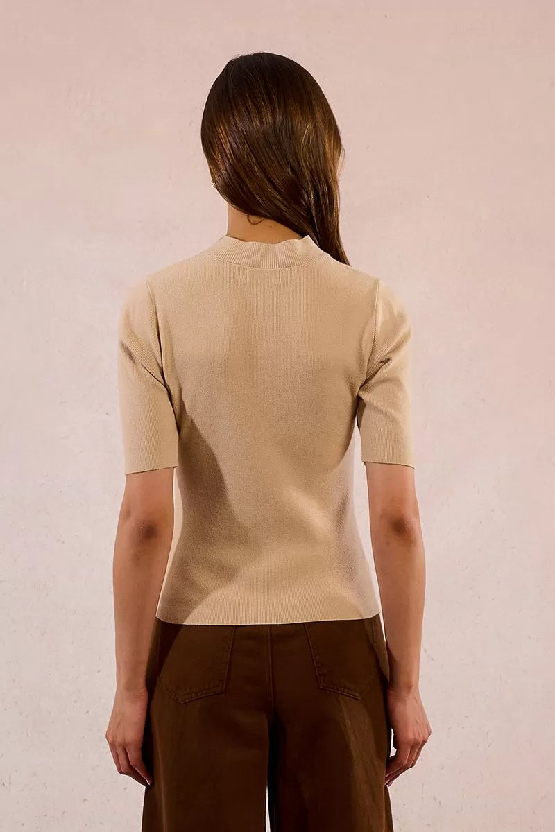 Ribbed Knit Short Sleeve Top - Beige