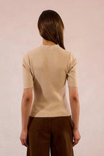Ribbed Knit Short Sleeve Top - Beige