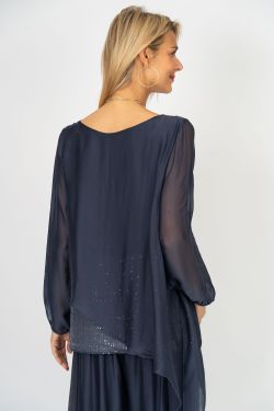 Silky Sleeve Sequin Top - Navy