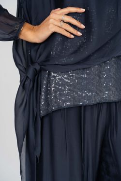 Silky Sleeve Sequin Top - Navy