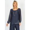 Silky Sleeve Sequin Top - Navy