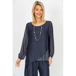 Silky Sleeve Sequin Top - Navy