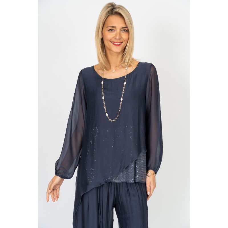 Silky Sleeve Sequin Top - Navy