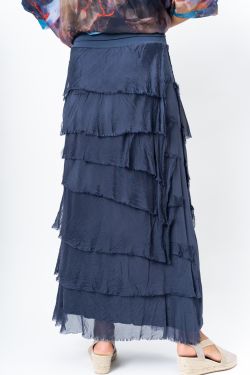 Silkiness Ruffle Long Skirt - Navy