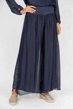 Chiffon Flowy Sequin Slit Pants - Navy