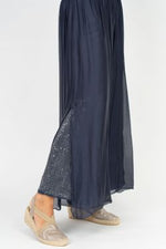 Chiffon Flowy Sequin Slit Pants - Navy
