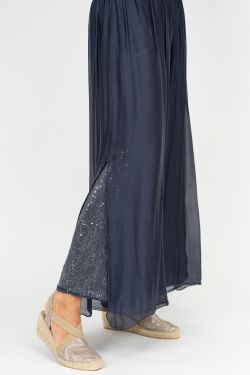 Chiffon Flowy Sequin Slit Pants - Navy