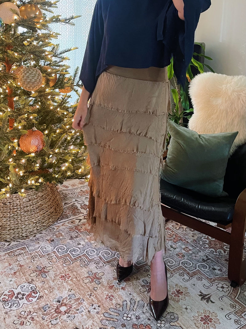 Silkiness Ruffle Long Skirt - Taupe