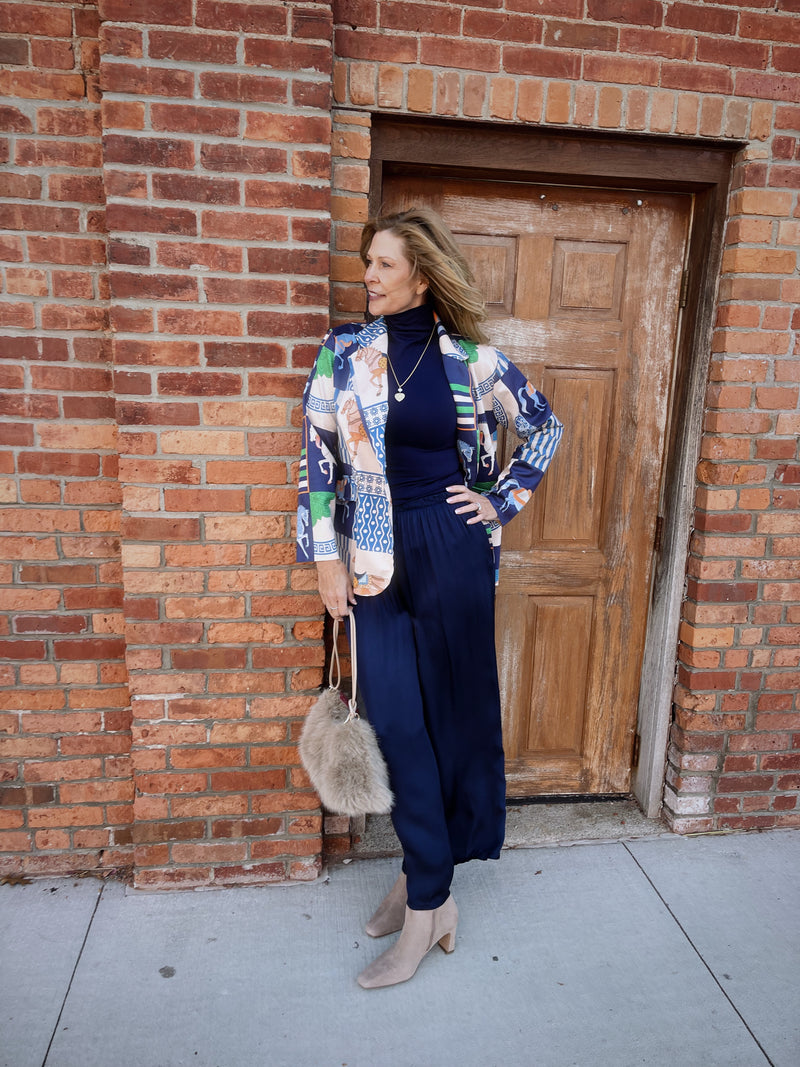 Solid Satin Wide Leg Pant - Navy