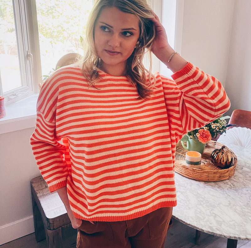 Striped Drop Shoulder Sweater - Peach/Orange