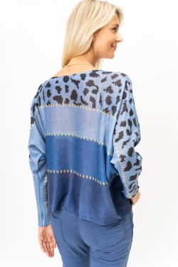 Dolman Sleeve Stripe Cheetah Top - Blue