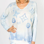 V-Neck Shimmery Print Top - Wht/Lt. Blue