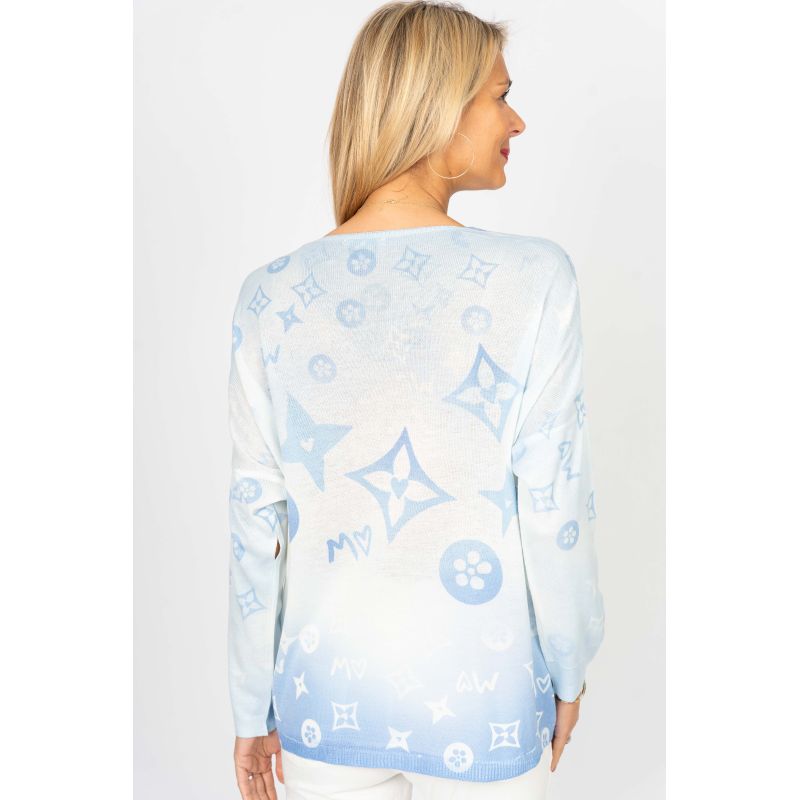 V-Neck Shimmery Print Top - Wht/Lt. Blue