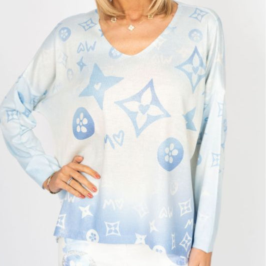 V-Neck Shimmery Print Top - Wht/Lt. Blue