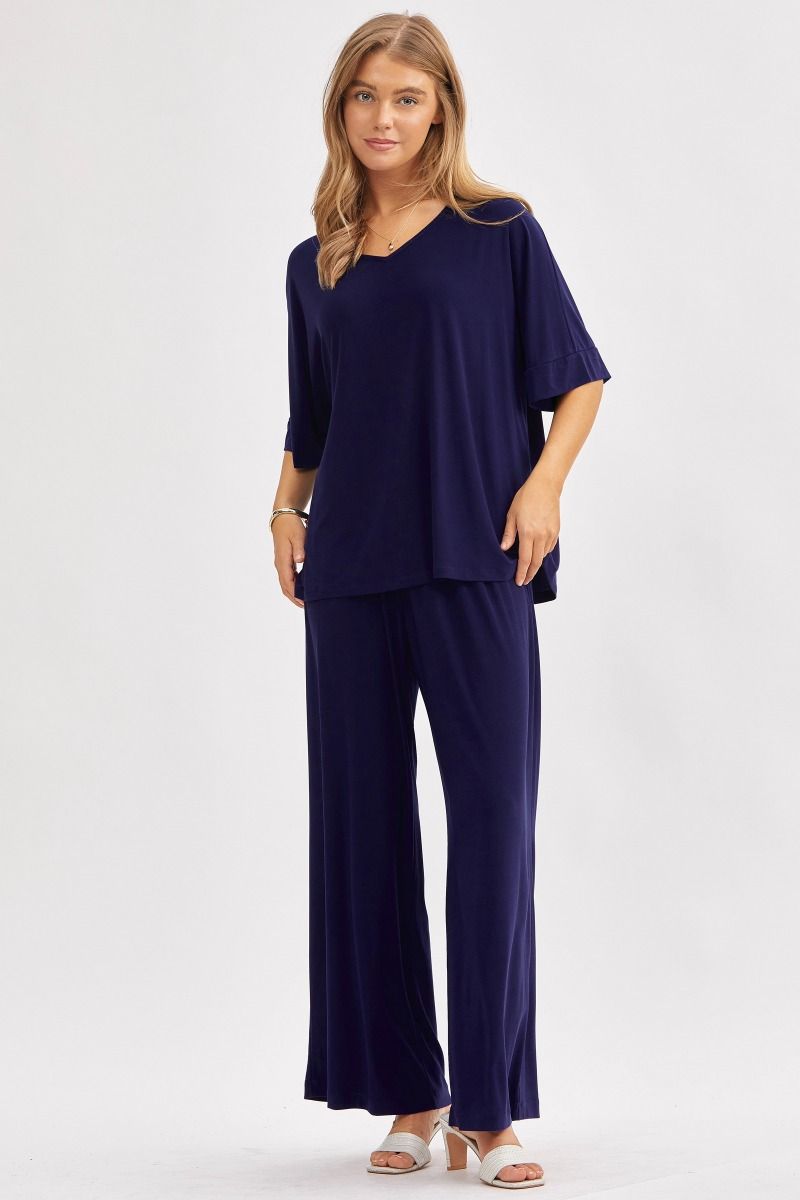 Cabana V-Neck Knit Tunic Top - Navy