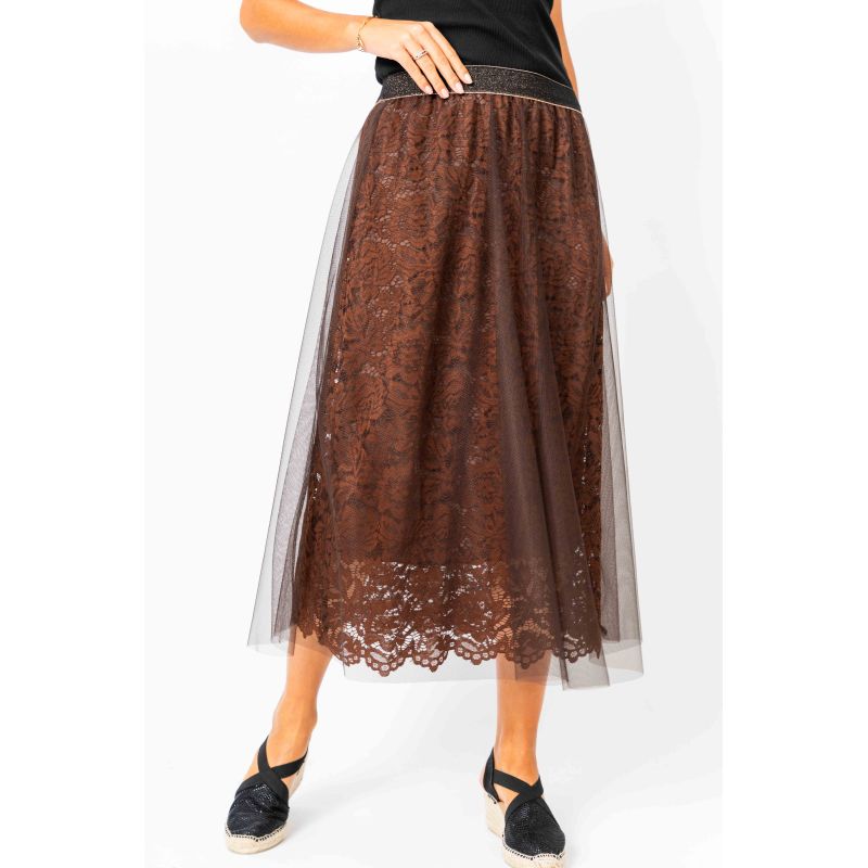 Lace & Tulle Long Skirt - Blk/Brown