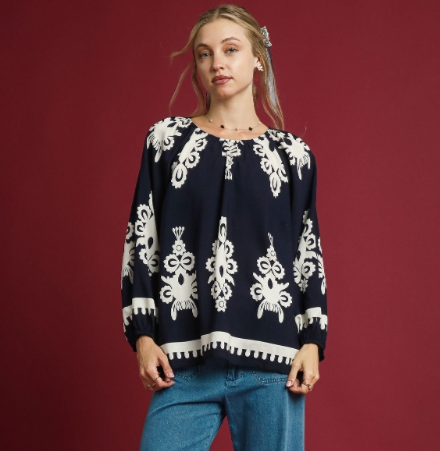 Two-Tone Border Print Top - Navy