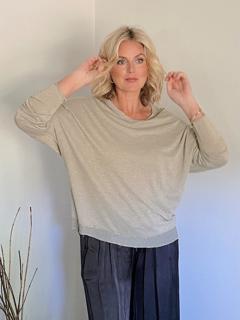 V-Neck Gold Accent Top - Taupe