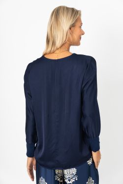 Long Sleeve Satin Top - Navy