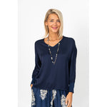 Long Sleeve Satin Top - Navy